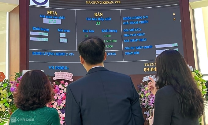 Lãnh đạo VPBankS theo dõi bảng giá trong phiên ATO đầu tiên. Ảnh: Phương Đông