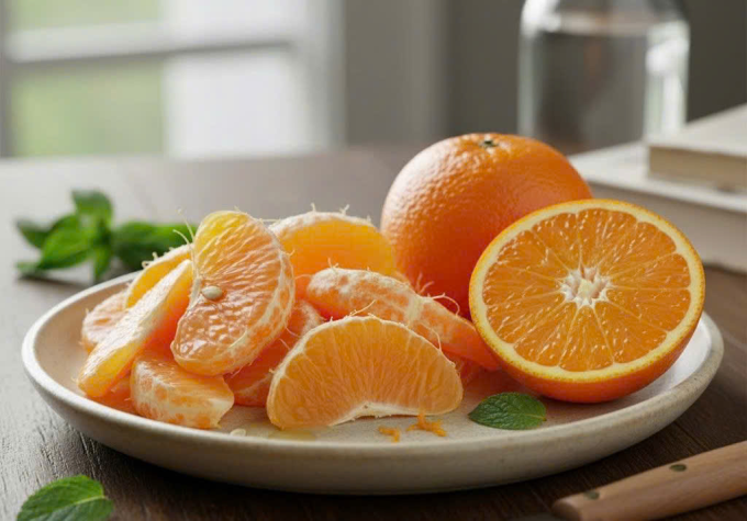 Cam chứa nhiều vitamin C, chất chống oxy hóa và nước tốt cho làn da. Ảnh được tạo bởi AI