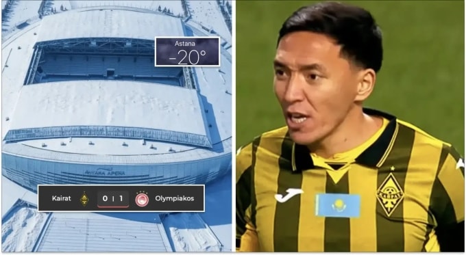 Sân Astana Arena bị tuyết phủ dày, nhưng sau khi đóng mái vòm, các cầu thủ vẫn có thể thi đấu bình thường ở trong sân. Ảnh: Tribuna