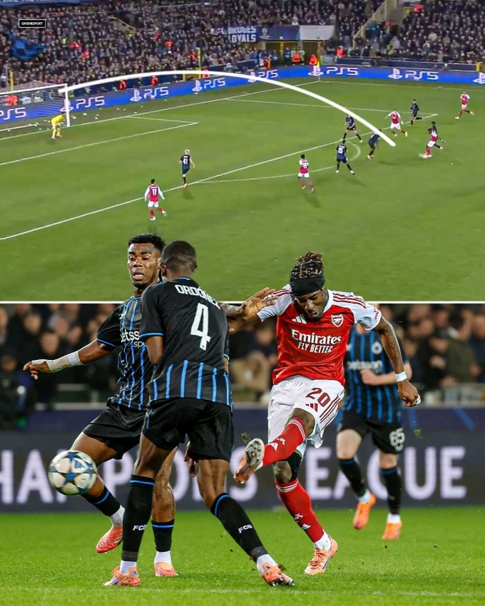 Noni Madueke ghi bàn mở tỷ số trong trận Arsenal thắng Club Brugge ở lượt sáu vòng bảng Champions League trên sân Jan Breydel, Sint-Andries, Brugge, Bỉ ngày 10/12/2025. Ảnh: GiveMeSport