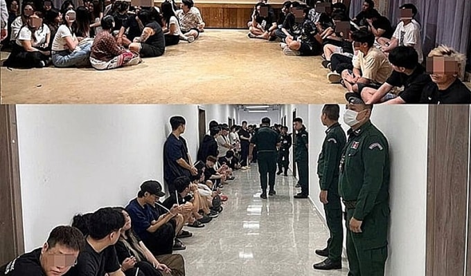 Các công dân Thái Lan (ảnh trên) trong chiến dịch đột kích vào trang trại ở Phnom Penh và các nghi phạm bị bắt tại Sihanoukville (ảnh dưới), ngày 9/12. Ảnh: Khmer Times