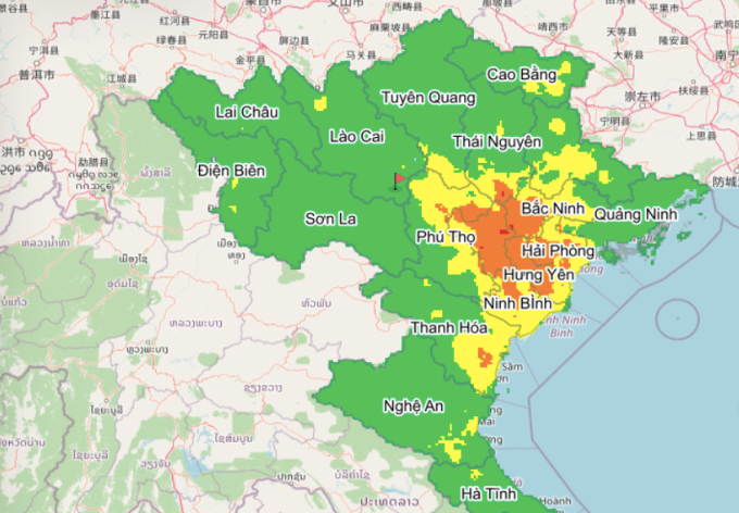 Mức độ ô nhiễm tại miền Bắc sáng nay. Ảnh: Trường Đại học Công nghệ, Đại học Quốc Gia Hà Nội
