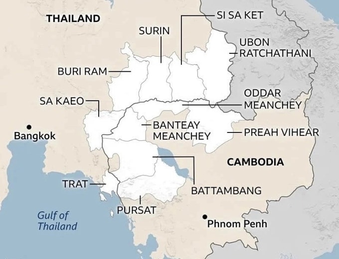 Các tỉnh biên giới giữa Thái Lan và Campuchia. Đồ họa: BBC