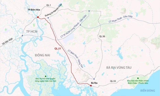 Hướng tuyến quốc lộ 51. Đồ họa: Đăng Hiếu