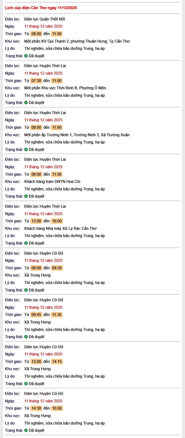 Tra cứu lịch cúp điện Cần Thơ hôm nay Thứ 5 ngày 11/12/2025- Ảnh 1. Tra cứu lịch cúp điện Cần Thơ hôm nay Thứ 5 ngày 11/12/2025- Ảnh 1.