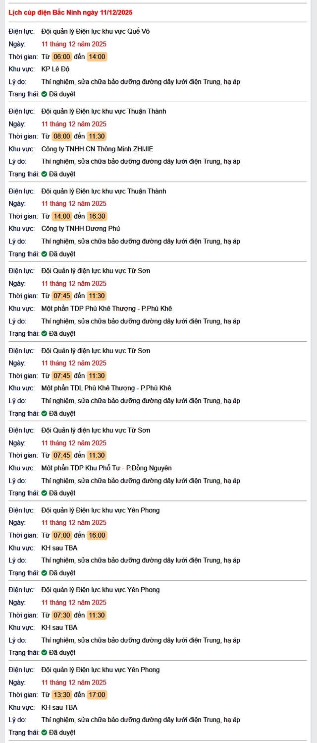 Tra cứu lịch cắt điện Bắc Ninh hôm nay Thứ 5 ngày 11/12/2025- Ảnh 1.