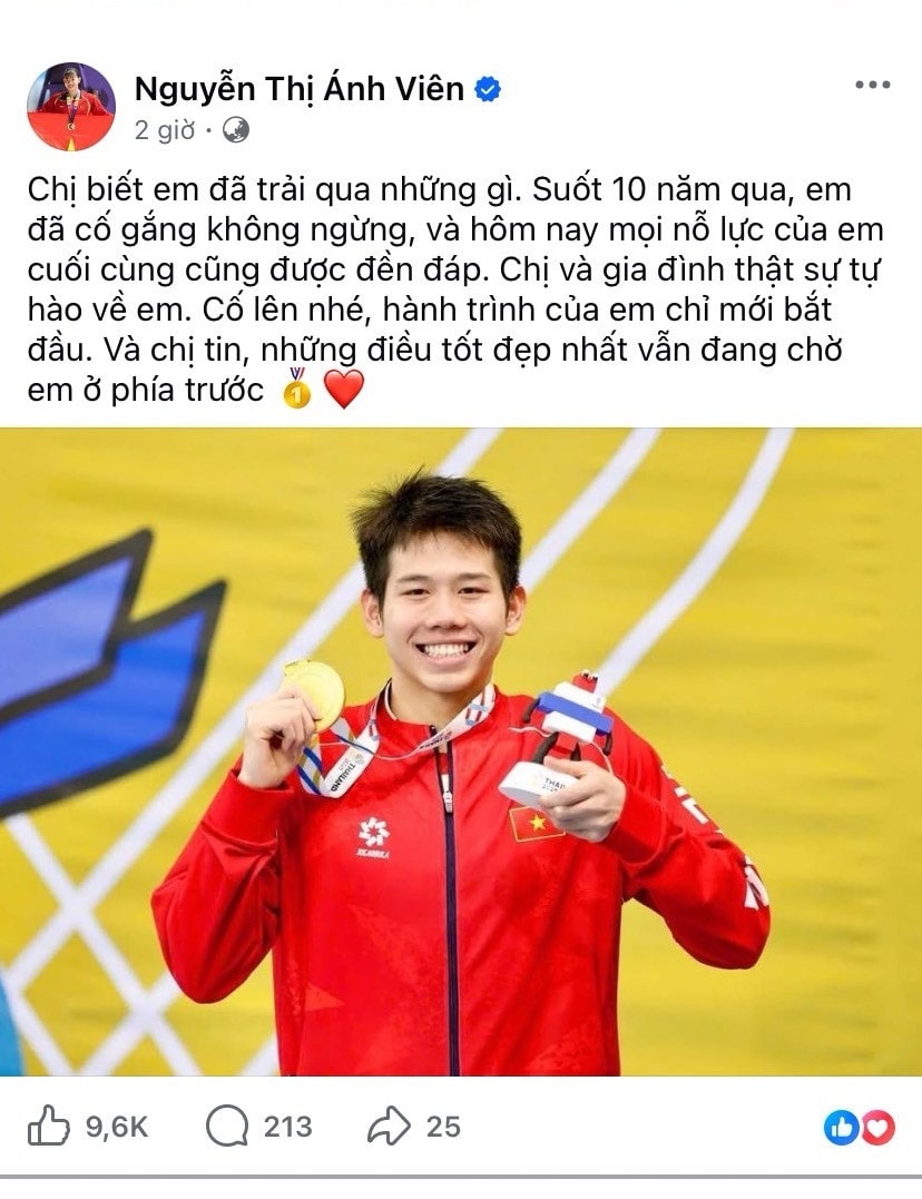 Ánh Viên chia sẻ trên trang cá nhân sau khi Quang Thuấn giành HCV SEA Games