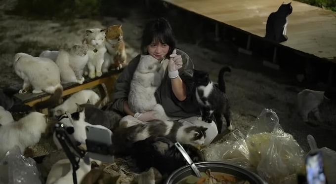 Xuanxuan chăm sóc mèo trong trang trại. Ảnh: 163.com