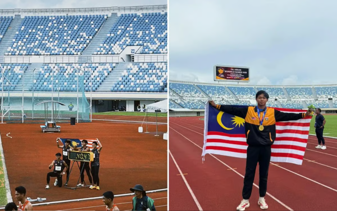 Danish Irfan cùng đội tiếp sức 4x100 m Malaysia sau khi giành HC vàng (trái) và ăn mừng cùng lá cờ sau khi đoạt HC vàng nội dung 200m (phải) tại Đại hội Thể thao học sinh Đông Nam Á. Ảnh: Noor Haslinda