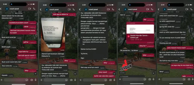 Ảnh chụp màn hình tin nhắn WhatsApp thể hiện HLV chỉ dẫn Danish Irfan viết thư rút lui với lý do giả chấn thương. Ảnh: Free Malaysia Today