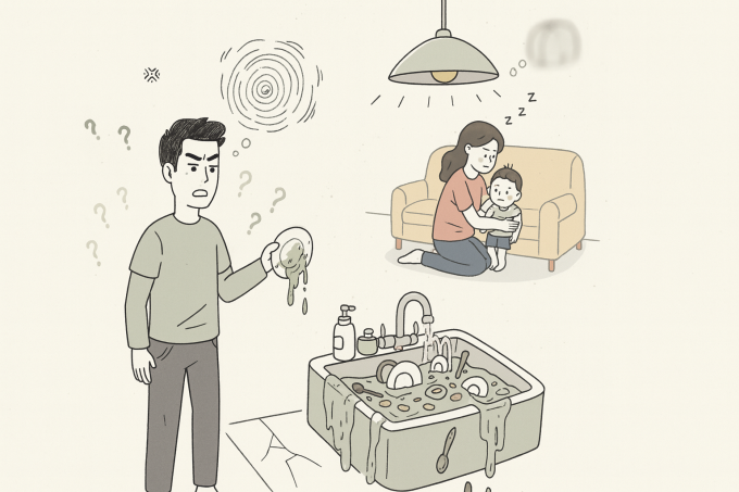 Bực bội vì vợ không chịu rửa bát ngay sau khi ăn xong