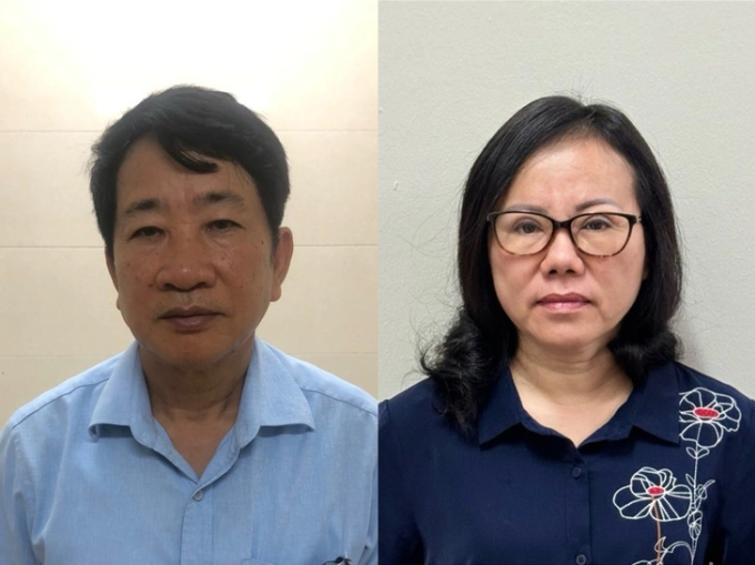 Cựu giám đốc Bảo hiểm xã hội tỉnh Bắc Giang Thân Đức Lại và Cựu Giám đốc Bệnh viện Y học cổ truyền tỉnh Thái Nguyên Trương Thị Thu Hương. Ảnh:Bộ Công an