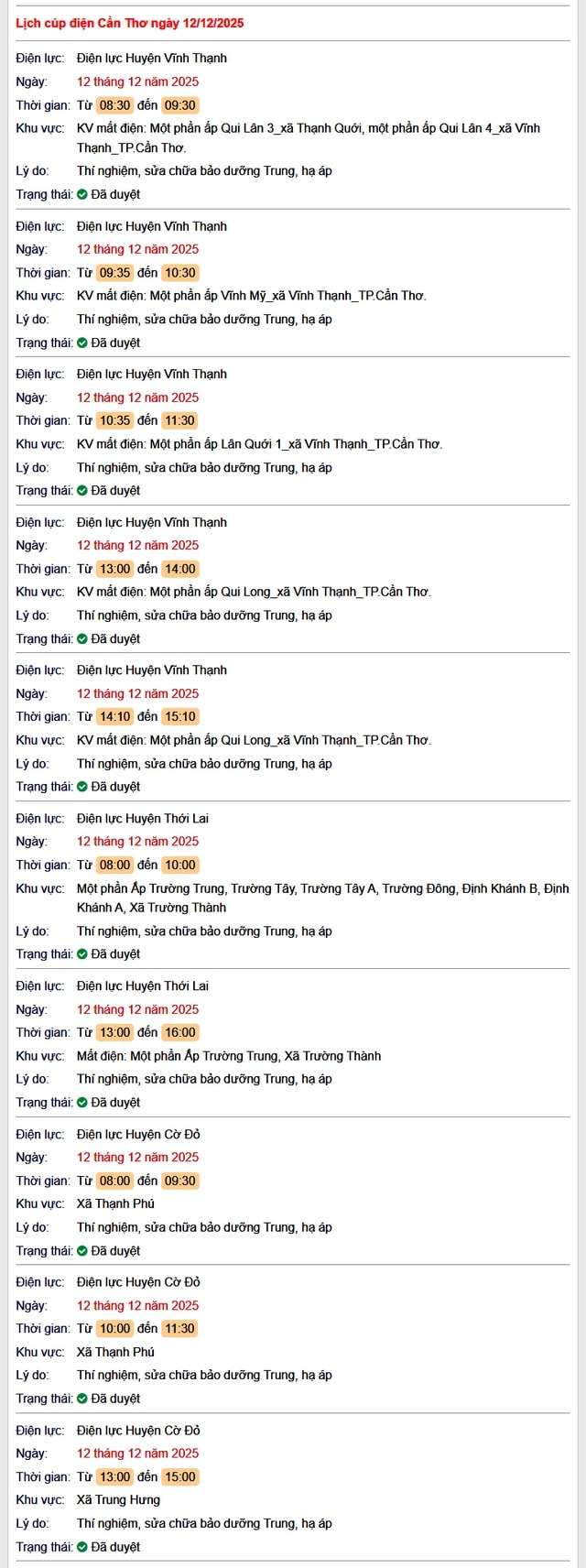 Tra cứu lịch cúp điện Cần Thơ hôm nay Thứ 6 ngày 12/12/2025- Ảnh 1. Tra cứu lịch cúp điện Cần Thơ hôm nay Thứ 6 ngày 12/12/2025- Ảnh 1.