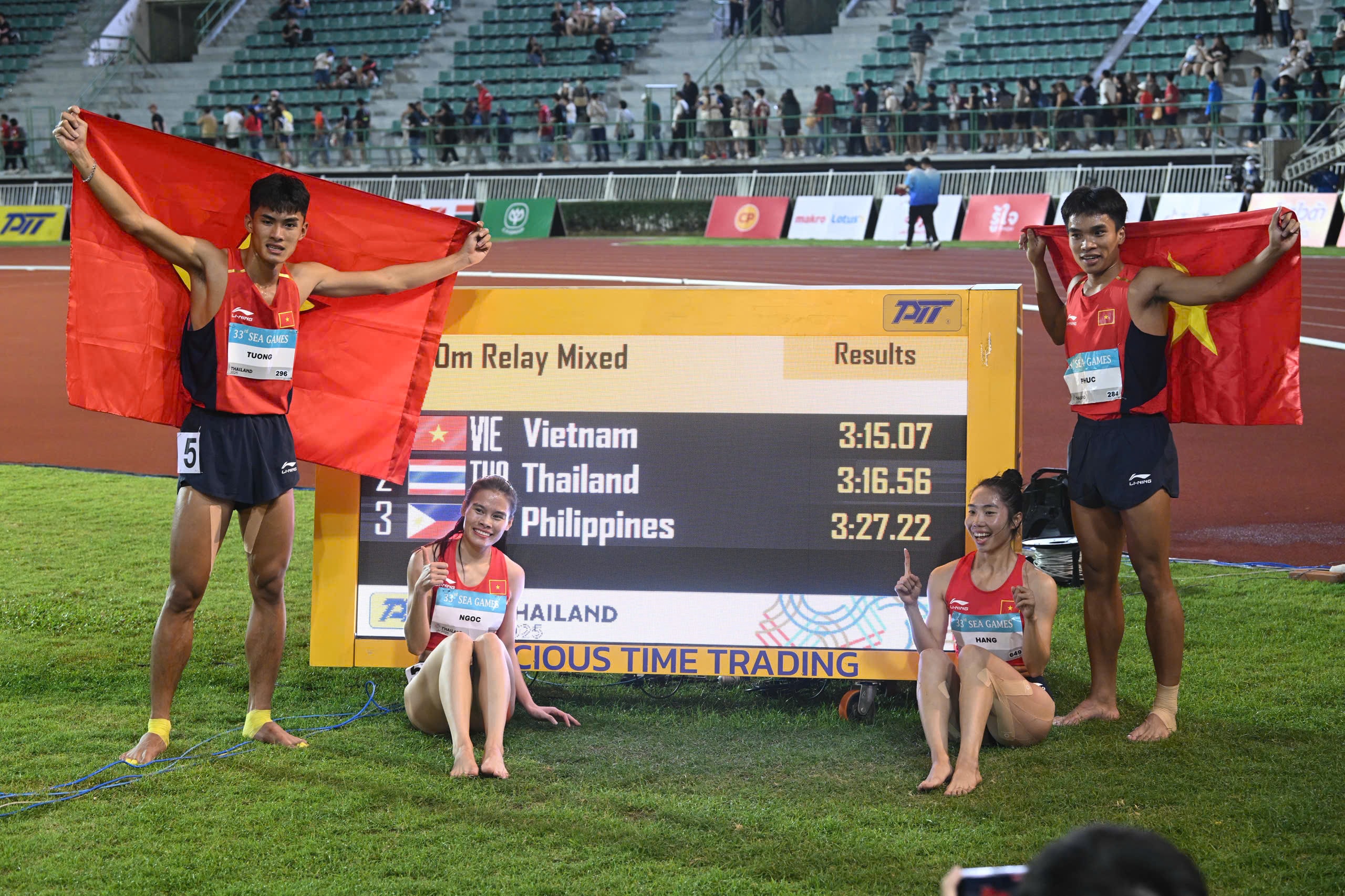 Thậm chí, thành tích 3 phút 15 giây 07 giúp điền kinh Việt Nam phá kỉ lục SEA Games ở nội dung 4x400m tiếp sức hỗn hợp. Kỉ lục cũ thuộc về đội Thái Lan với thành tích 3 phút 19 giây 29.