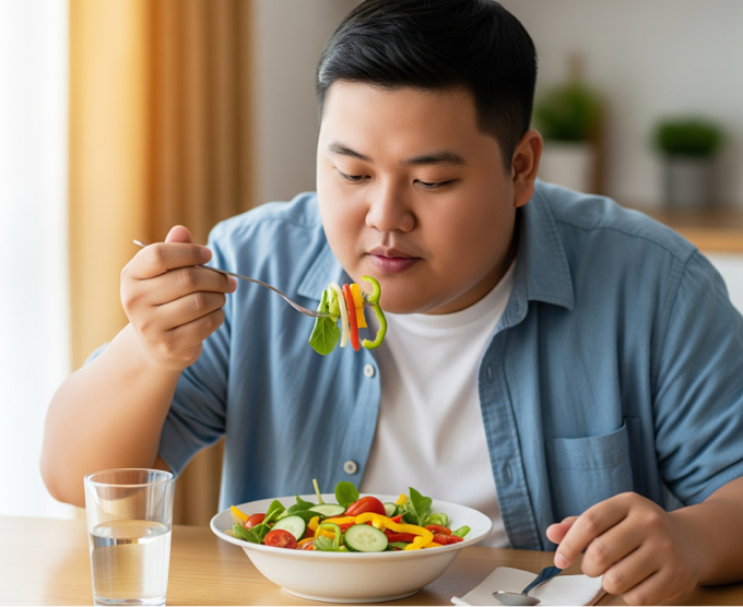 Rau xanh nhiều chất xơ giúp người béo phì giảm cân. Ảnh được tạo bởi AI