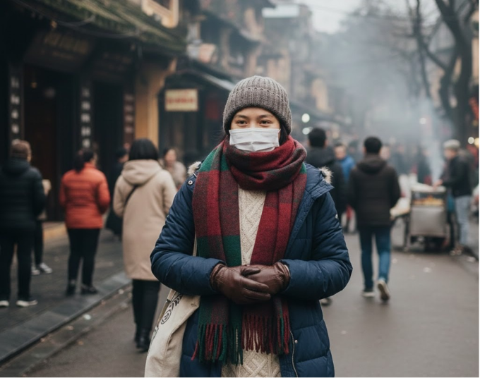 Giữ ấm cơ thể khi ra ngoài là cách phòng tránh nguy cơ đột quỵ vào mùa lạnh. Ảnh được tạo bởi AI