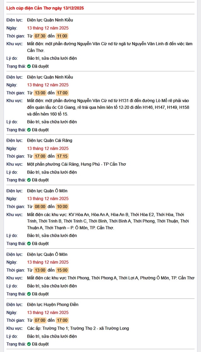 Tra cứu lịch cúp điện Cần Thơ hôm nay Thứ 7 ngày 13/12/2025- Ảnh 1. Tra cứu lịch cúp điện Cần Thơ hôm nay Thứ 7 ngày 13/12/2025- Ảnh 1.