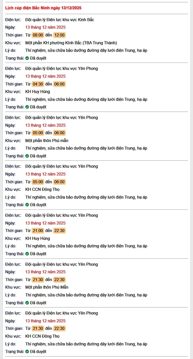 Tra cứu lịch cắt điện Bắc Ninh hôm nay Thứ 7 ngày 13/12/2025- Ảnh 1. Tra cứu lịch cắt điện Bắc Ninh hôm nay Thứ 7 ngày 13/12/2025- Ảnh 1.