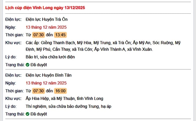 Tra cứu lịch cúp điện Vĩnh Long hôm nay Thứ 7 ngày 13/12/2025- Ảnh 1. Tra cứu lịch cúp điện Vĩnh Long hôm nay Thứ 7 ngày 13/12/2025- Ảnh 1.