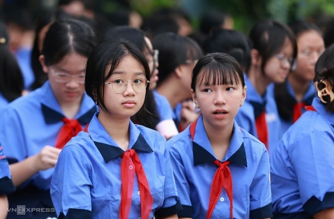 Học sinh trường THCS Trần Huy Liệu, TP HCM, trong ngày khai giảng năm học 2025-2026. Ảnh: Lệ Nguyễn