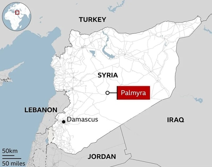 Vị trí thành phố Palmyra, Syria. Đồ họa: BBC