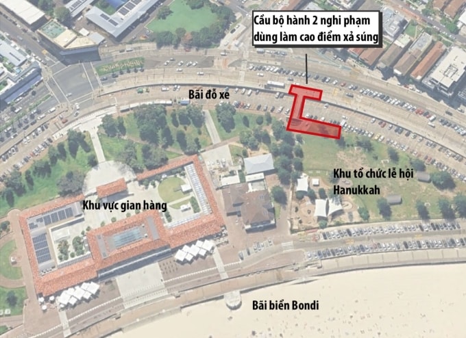Vị trí vụ xả súng bãi biển Bondi, Sydney, ngày 14/12. Đồ họa: Guardian