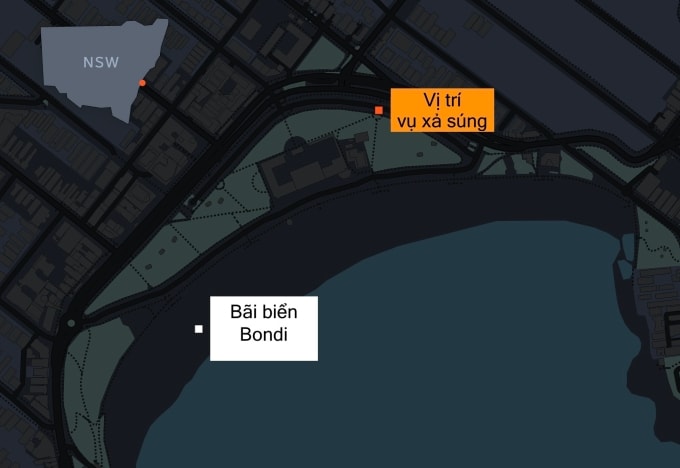 Vị trí vụ xả súng ở bãi biển Bondi, thành phố Sydney, bang New South Wales của Australia. Đồ họa: ABC