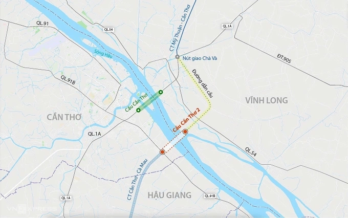 Hướng tuyến cầu Cầu Thơ 2. Đồ họa: Đăng Hiếu