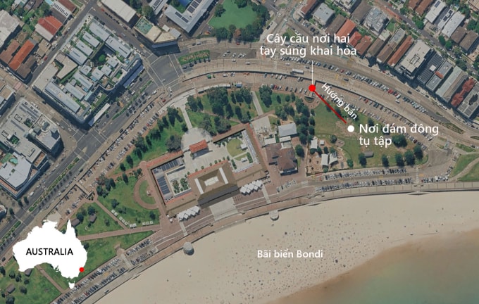 Vị trí các tay súng và hướng bắn vào đám đông bên dưới. Đồ họa: ABC News