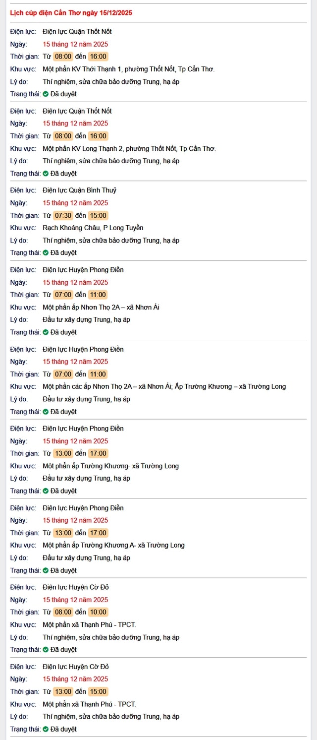 Tra cứu lịch cúp điện Cần Thơ hôm nay Thứ 2 ngày 15/12/2025- Ảnh 1.
