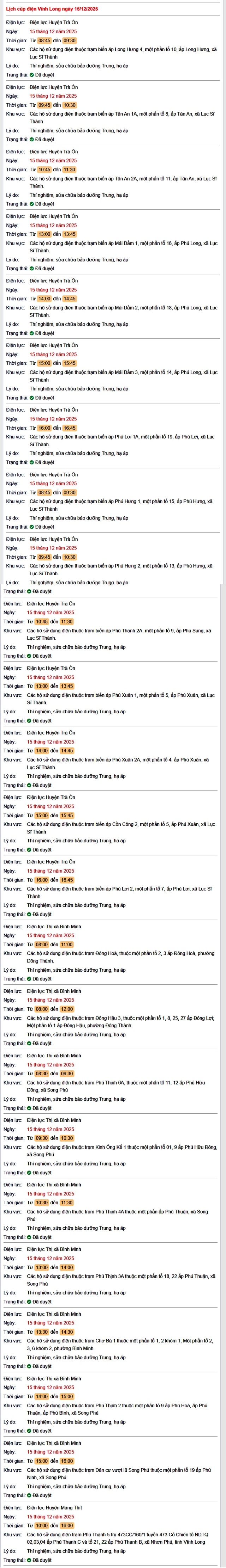 Tra cứu lịch cúp điện Vĩnh Long hôm nay Thứ 2 ngày 15/12/2025- Ảnh 1.