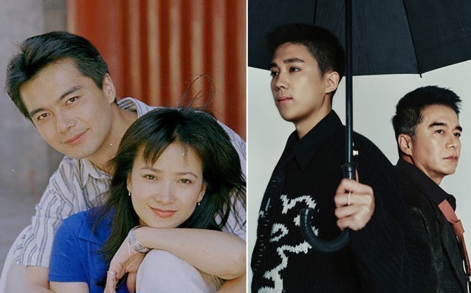 Ảnh trái: Hà Tình, Hứa Á Quân thời yêu nhau. Bên phải: Hứa Á Quân và con trai chụp hình tạp chí tháng 12/2025. Ảnh: Sina