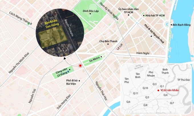 Vị trí sân khấu Sen Hồng ở khu B công viên - nơi đề xuất điểm giữ xe mới. Đồ họa: Đăng Hiếu