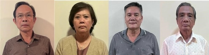 Từ trái qua, các bị can Trần Ngọc Thuận; Nguyễn Thị Hồng; Võ Sỹ Lực; Trần Thoại. Ảnh: Bộ Công an
