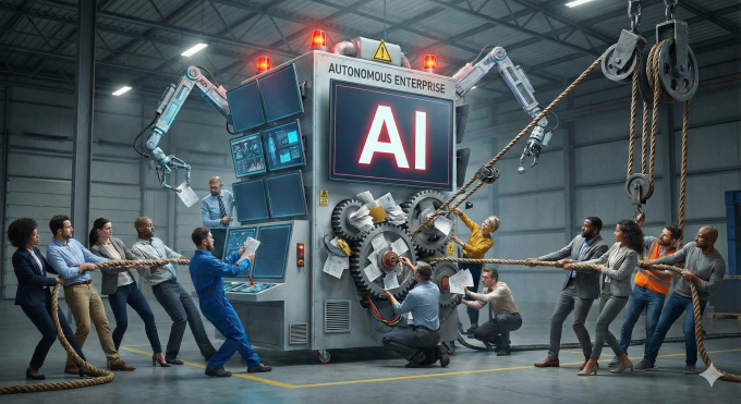 Minh họa sự giằng co công việc giữa AI và con người. Ảnh: Google Gemini