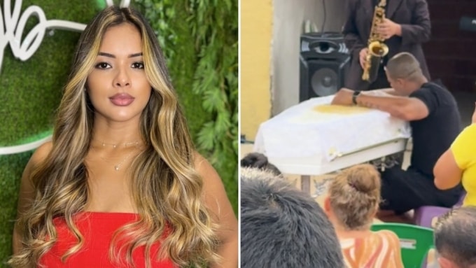 Alex Leandro Bispo dos Santos ôm quan tài vợ - Maria Katiane Gomes da Silva. Ảnh: G1