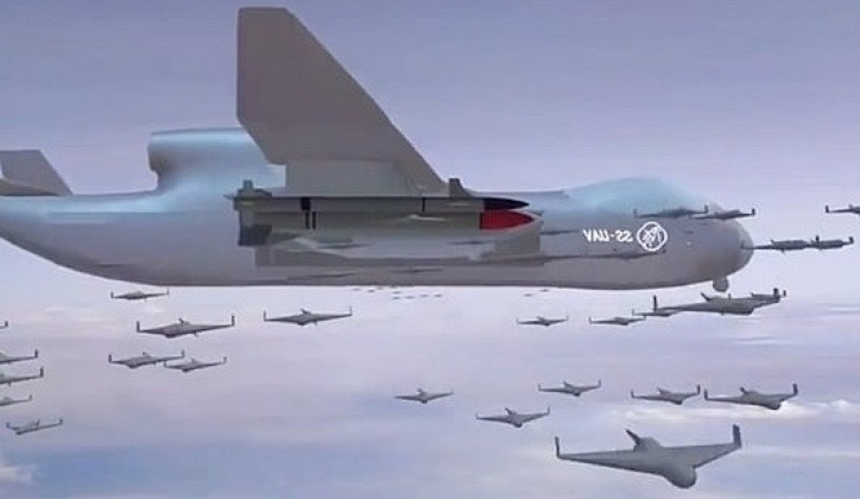 Hình ảnh minh họa cho thấy máy bay Jiu Tian triển khai đàn máy bay không người lái.