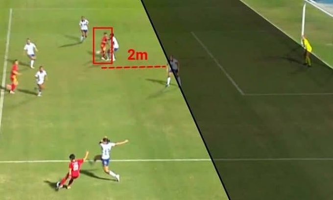 Tình huống Bích Thùy (trong hình chữ nhật đỏ) bị thổi việt vị trong trận. Ảnh: chụp màn hình