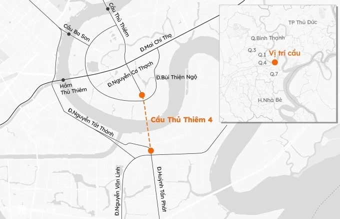Vị trí dự kiến xây dựng cầu Thủ Thiêm 4. Đồ hoạ: Khánh Hoàng