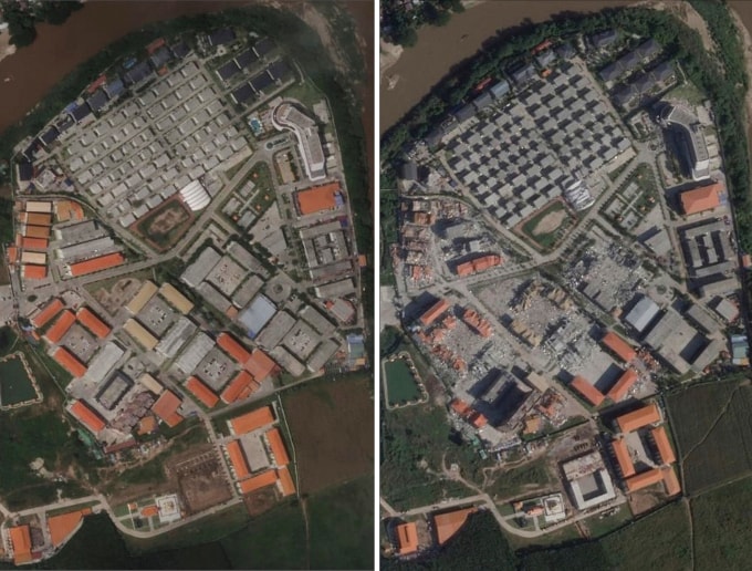 Một phần khu phức hợp KK Park chụp ngày 11/9 (trái) và chụp ngày 14/11. Ảnh: AP