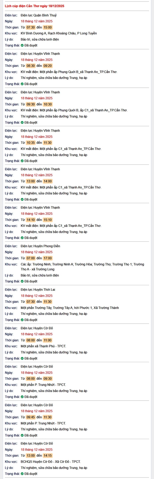 Tra cứu lịch cúp điện Cần Thơ hôm nay Thứ 5 ngày 18/12/2025- Ảnh 1.