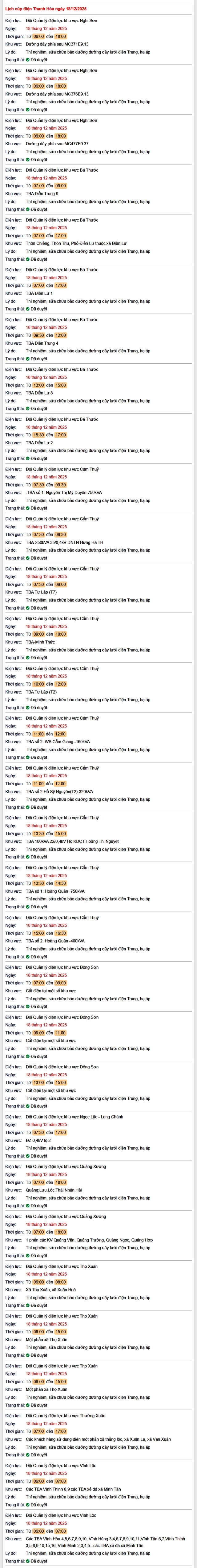 Tra cứu lịch cắt điện Thanh Hóa hôm nay Thứ 5 ngày 18/12/2025- Ảnh 1.