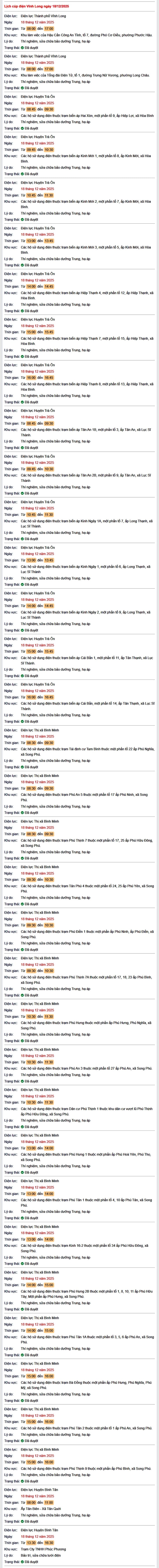 Tra cứu lịch cúp điện Vĩnh Long hôm nay Thứ 5 ngày 18/12/2025- Ảnh 1.