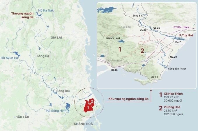 Xã Hoà Thịnh và phường Đông Hoà, hai khu vực ngập sâu nhất Đăk Lăk (Phú Yên cũ). Đồ hoạ: Hoàng Khánh