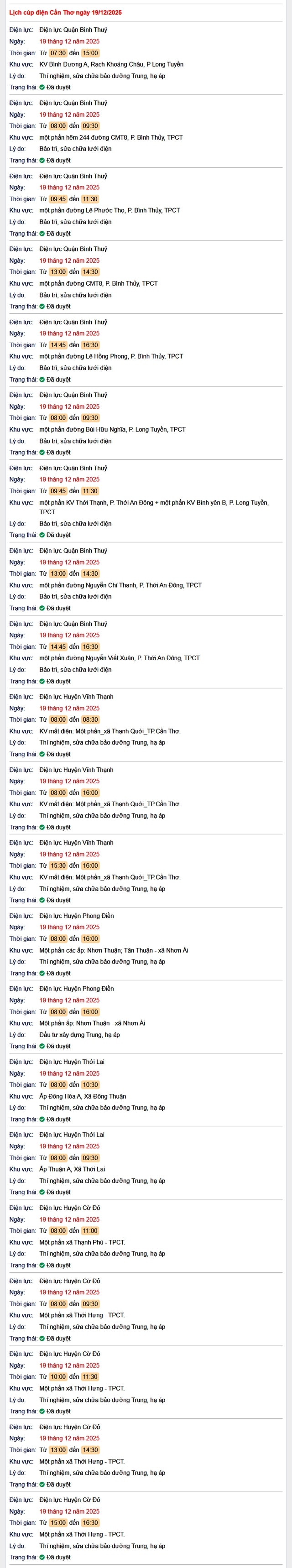 Tra cứu lịch cúp điện Cần Thơ hôm nay Thứ 6 ngày 19/12/2025- Ảnh 1.