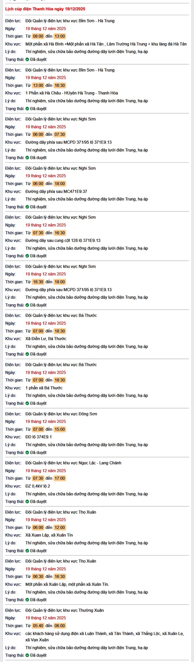 Tra cứu lịch cắt điện Thanh Hóa hôm nay Thứ 6 ngày 19/12/2025- Ảnh 1.