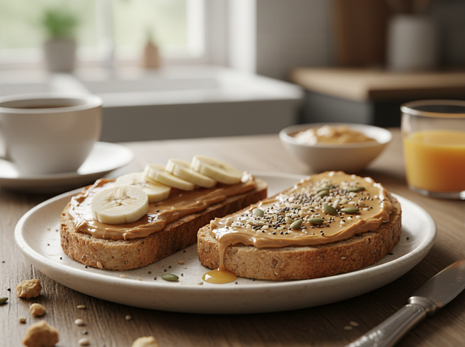 Ăn sáng bằng bánh mì nguyên cám, chuối, bơ đậu phộng giúp no lâu. Ảnh được tạo bởi AI