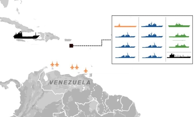 Bài binh bố trận của Mỹ xung quanh Venezuela. Bấm vào ảnh để xem đầy đủ