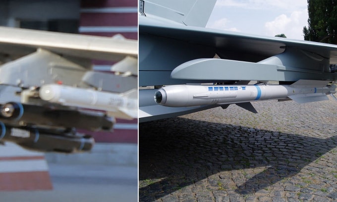 Tên lửa đối không (màu trắng, bên trái) trên cường kích Su-25 Triều Tiên có hình dáng giống IRIS-T. Ảnh: KCNA, Wikimedia