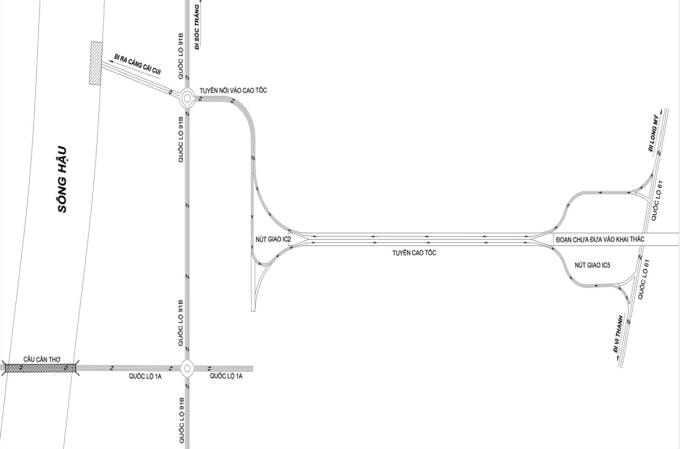 Sơ đồ hướng dẫn các phương tiện ra vào cao tốc Cần Thơ - Hậu Giang. Ảnh: Ban quản lý dự án Mỹ Thuận